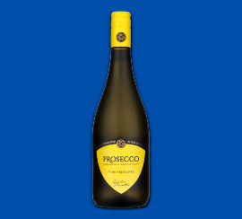 Lahev prosecca se žlutou etiketou a žlutým víčkem na modrém pozadí