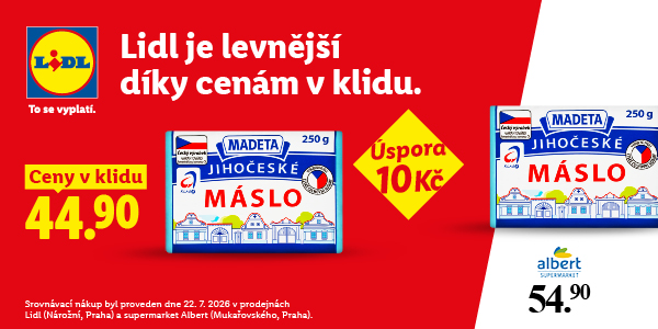 Reklamní banner řetězce Lidl srovnávající cenu Madeta Jihočeského másla (250 g) s prodejnou Albert. Cena v Lidlu je 44,90 Kč, v Albertu 54,90 Kč (úspora 10 Kč).