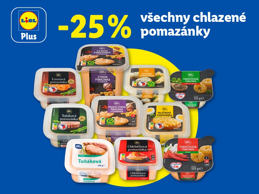 Sleva 25 % s Lidl Plus na všechny chlazené pomazánky od pondělí v Lidlu.