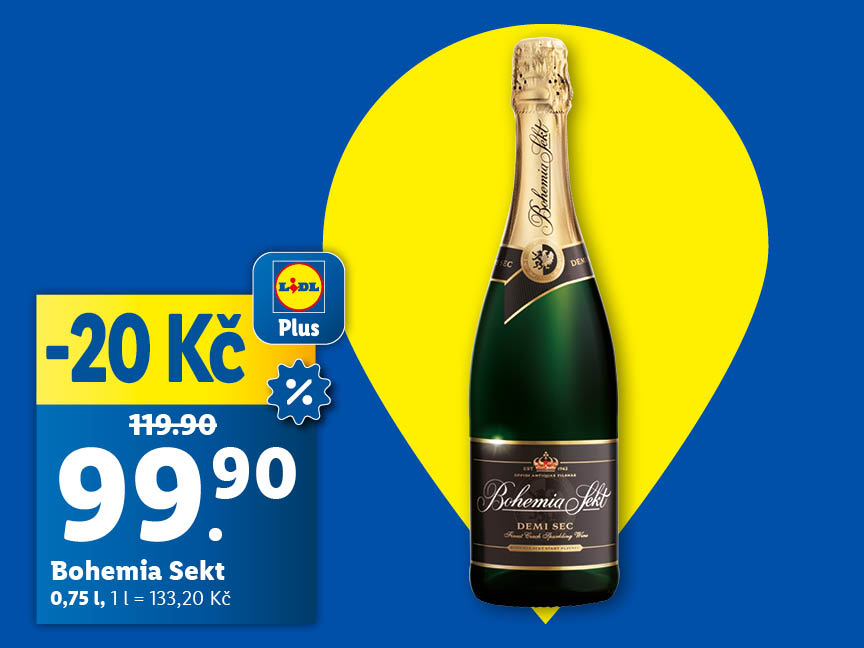 Lahev Bohemia Sekt, lahev je na modrém pozadí za akční cenu s aplikací Lidl Plus, která je 99,90 Kč.