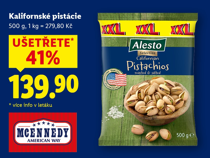 Kalifornské pistácie, 500 g za 139,90 Kč.