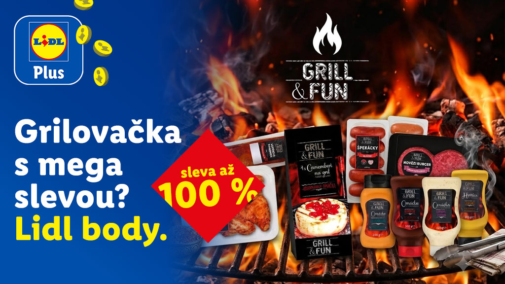 Propagační banner k akční nabídce s aplikací Lidl Plus s motivem hořícího grilu a produkty značky „Grill & Fun“ (klobásy, hovězí burgery, Camembert na gril a různé omáčky). Vlevo je výrazný nápis „Grilovačka s mega slevou? Lidl body.“ doplněný červeným kosočtvercem se zvýrazněným textem „sleva až 100 %“.