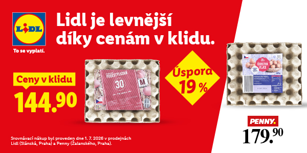 Cenové porovnání vajíček Penny x Lidl. V Penny stojí plato vajec 179,90 Kč, v Lidlu 144,90 Kč, úspora je tedy 19 %.