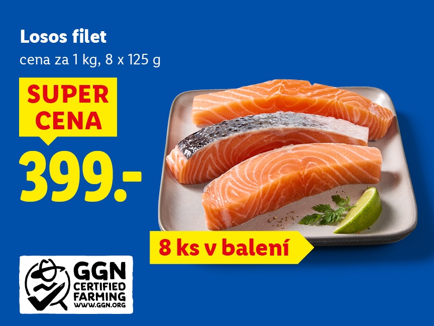 Losos filet, cena za 1 kg je 399 Kč