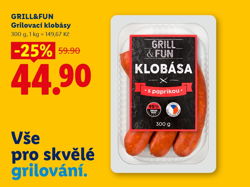 Grilovací klobásy, 300 g, akční cena 44.90 Kč (původní cena 59.90 Kč).