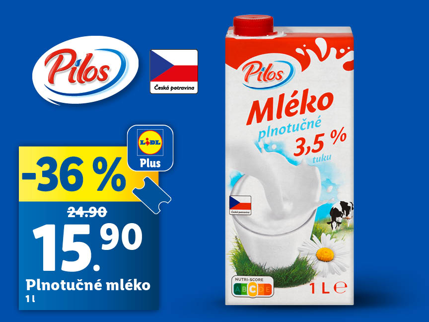 Od pátku 12.9. do neděle 14.9. sleva 36 % na plnotučné mléko Pilos