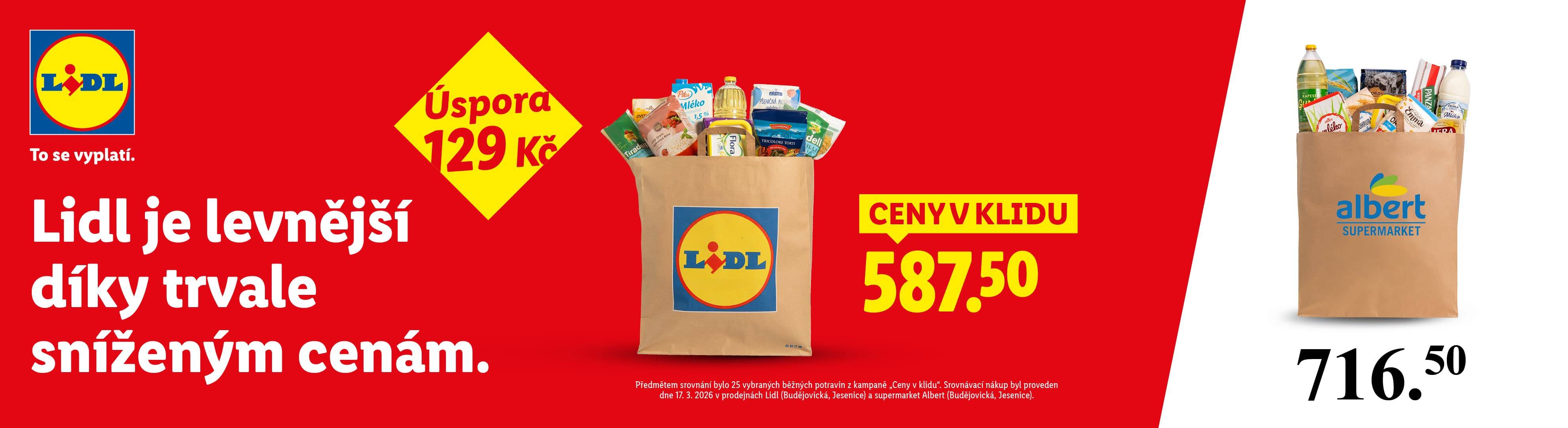 Ceny v klidu - Košík se základními potravinami z Lidlu vychází levněji než v Albertu o 129 korun.