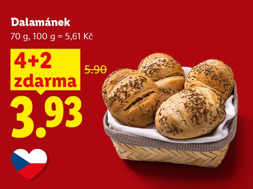 Dalamánek, akce 4 + 2 zdarma, původní cena 5,90 Kč, akční cena 3,93 Kč.