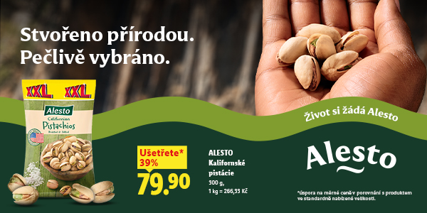 Reklama Lidl na ořechy Alesto kalifornské pistácie za cenu 79,90 Kč, ušetřete* 39%, nadpis Život si žádá Alesto
