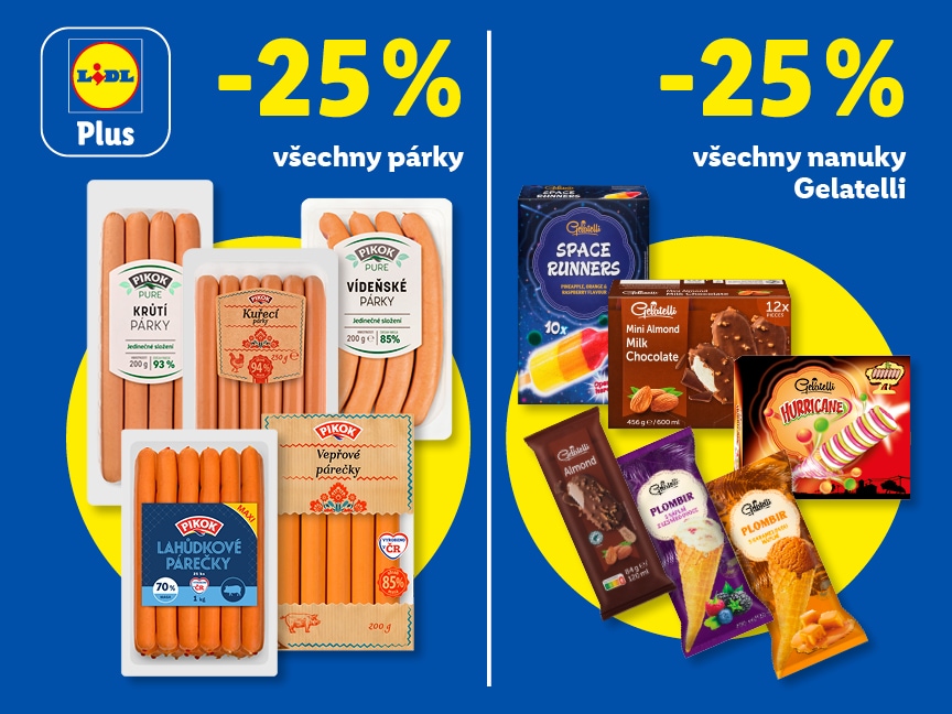 Sleva 25 % s Lidl Plus na všechny párky a všechny nanuky Gelatelli od pondělí v Lidlu.