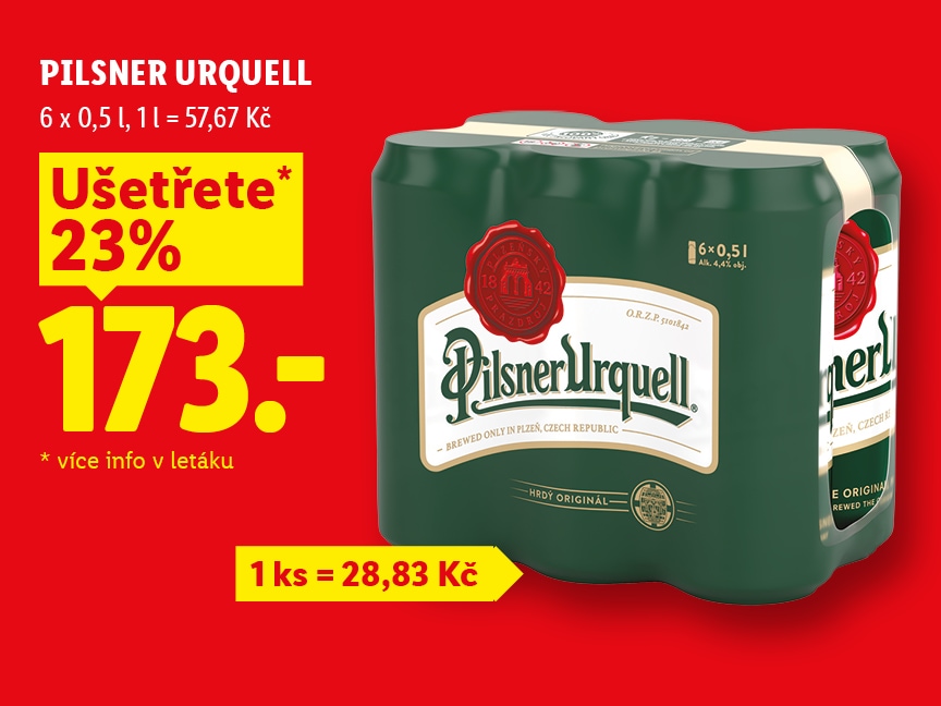 Propagační leták na Pilsner Urquell, 6x 0,5 l za 173 Kč, 1 ks = 28,83 Kč