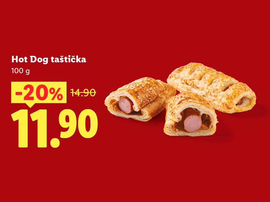 Hot dog taštička, cena za kus 11,90 Kč (původní cena 14,90 Kč, sleva 20 %).
