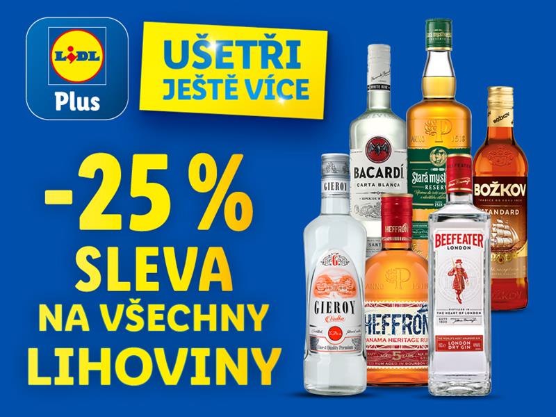 25% sleva na všechny lihoviny, v pravé části obrázku je ukázka několika produktů. Tato sleva platí pouze s aplikací Lidl Plus.