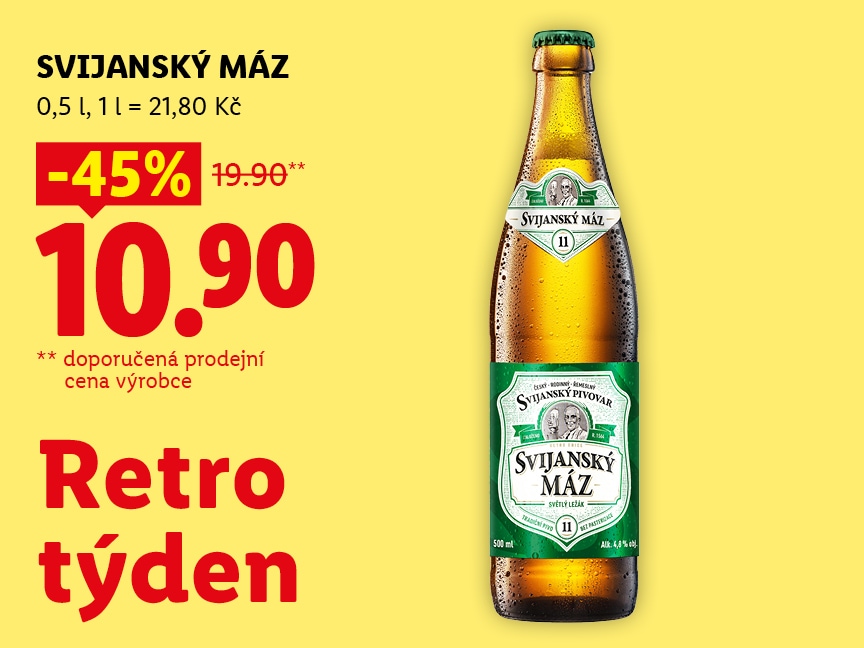 Svijanský Máz, 0,5 l za 10,90 Kč (původní cena 19,90 Kč, sleva na artikl je 45%). Jedná se o produkt v rámci kampaně Retro týdne.