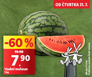 Na obrázku je jeden celý meloun a před ním čtvrtka melouna, za nimi je zelené pozadí. V levé části je červená cenovka. V pravé části obrázku jsou postavičky Bob a Bobek. Cena za 1 kg je 7,90 Kč.