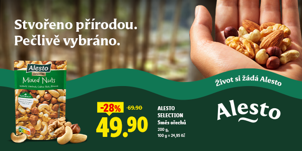 Reklama Lidl na ořechy Alesto Selection: Směs ořechů 200 g ve slevě -28 % za cenu 49,90 Kč (původně 69,90 Kč). Na obrázku je balení ořechů, lidská dlaň s hrstí ořechů a texty „Stvořeno přírodou. Pečlivě vybráno.“ a „Život si žádá Alesto“.