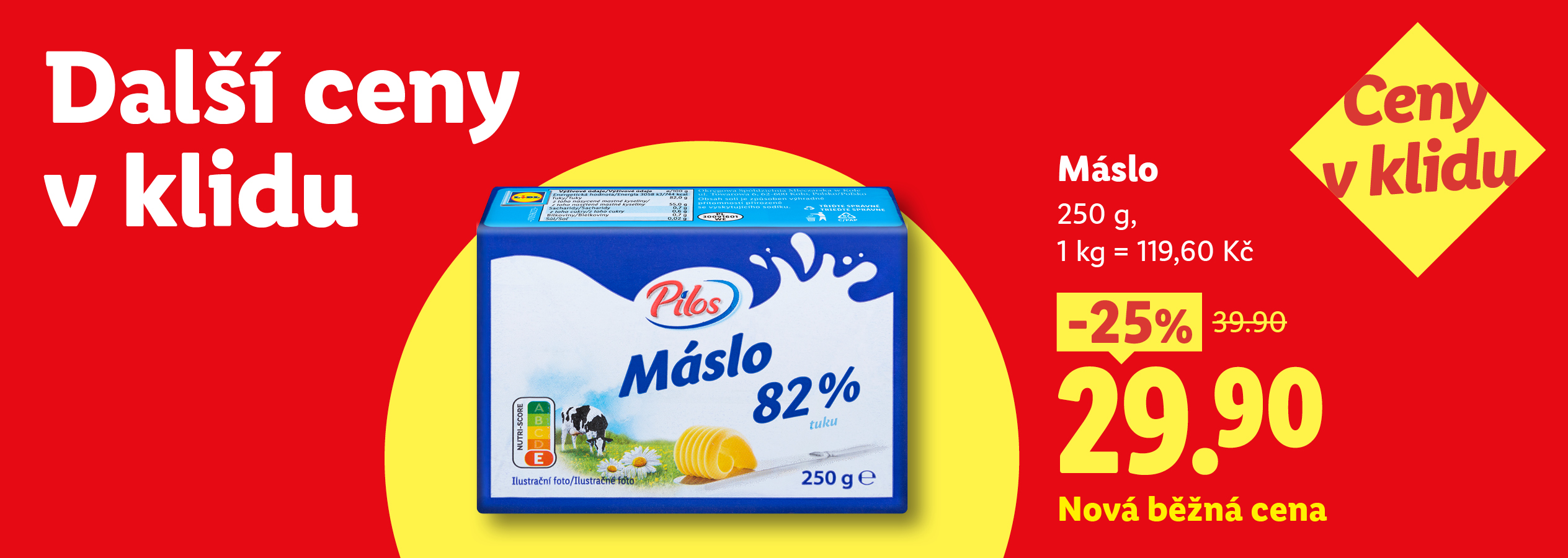Reklamní banner Lidl srovnávající cenu margarínu Perla máslová příchuť. Lidl nabízí produkt v akci „Ceny v klidu“ za 34,90 Kč s úsporou 36 % oproti supermarketu Albert, kde stojí 54,90 Kč.