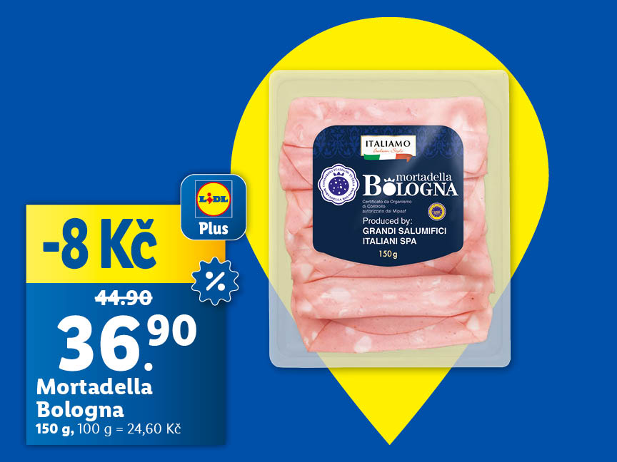 Mortadella Bologna, cena za 100 g balení je 36,90 Kč