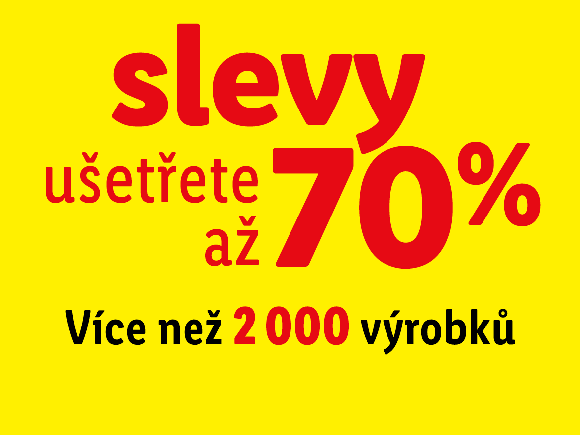 Žluté kolečko s červeným text "slevy  - ušetřete až 70 % na více než 2000 výrobků"