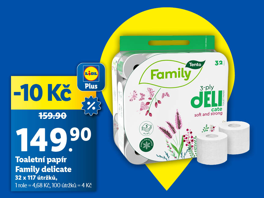 Velké balení toaletního papíru na modrém pozadí za akční cenu s aplikací Lidl Plus 149,90 Kč