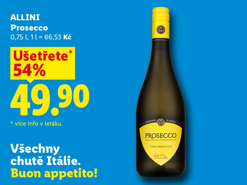 Allini Prosecco, 0,75 l,  za 49,90 Kč (ušetřete 54 %).