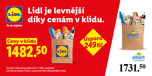 Reklamní banner Lidl srovnávající cenu nákupu s Albert supermarketem. Nákup v Lidlu stojí 1482,50 Kč, zatímco v Albertu 1731,50 Kč. Žlutý čtverec uvádí úsporu 249 Kč s textem „Lidl je levnější díky cenám v klidu.“