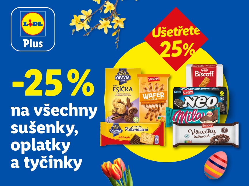 Sleva 25 %  na všechny sušenky, tyčinky a oplatky od pondělí v Lidlu.