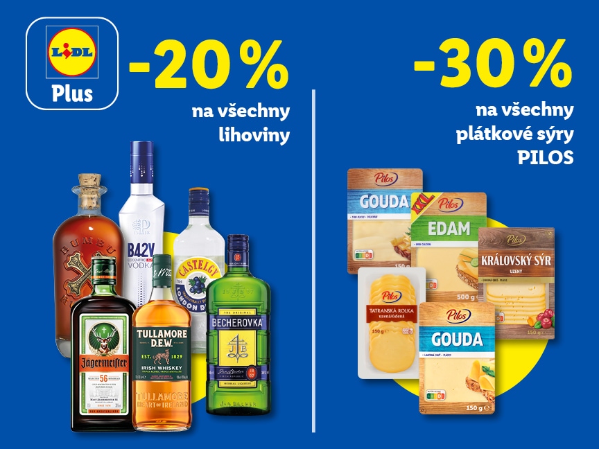 Sleva 20 % na všechny lihoviny a sleva 30 % na všechny plátkové sýry Pilos od pondělí v Lidlu.