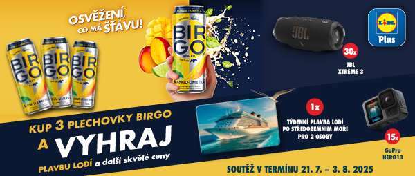 Soutěž Birgo: Kupte 3 plechovky a vyhrajte plavbu lodí, GoPro HERO13 nebo JBL Xtreme 3. Jedná se o žluto černý banner, kde jsou vyobrazeny 4 plechovky tohoto pití včetně hlavních výher.