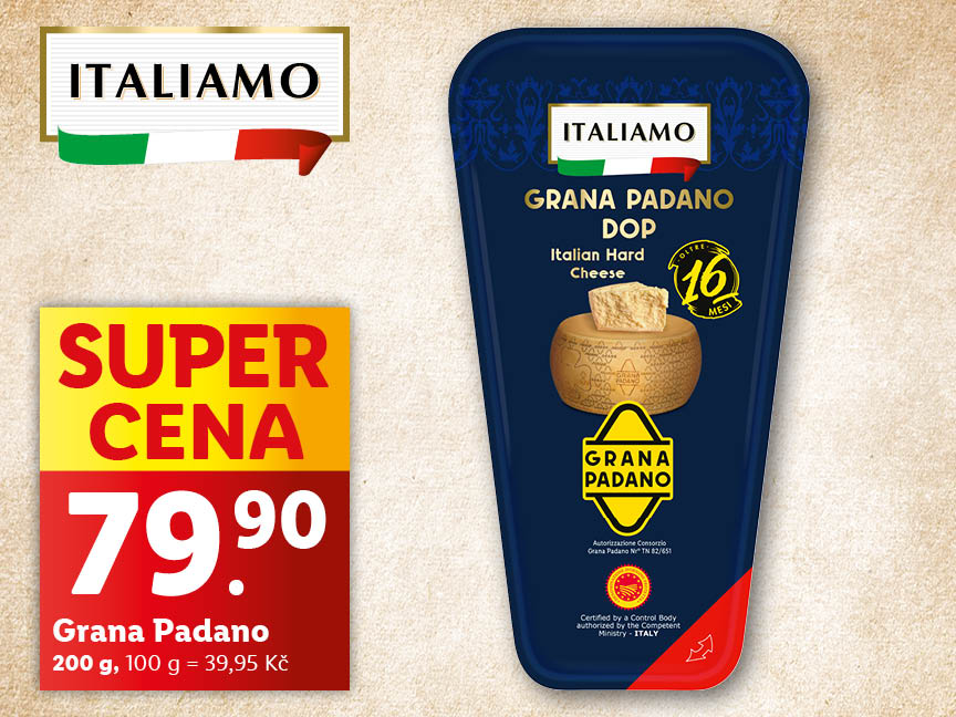 Sýr Grana Padano, cena 79,90 Kč.