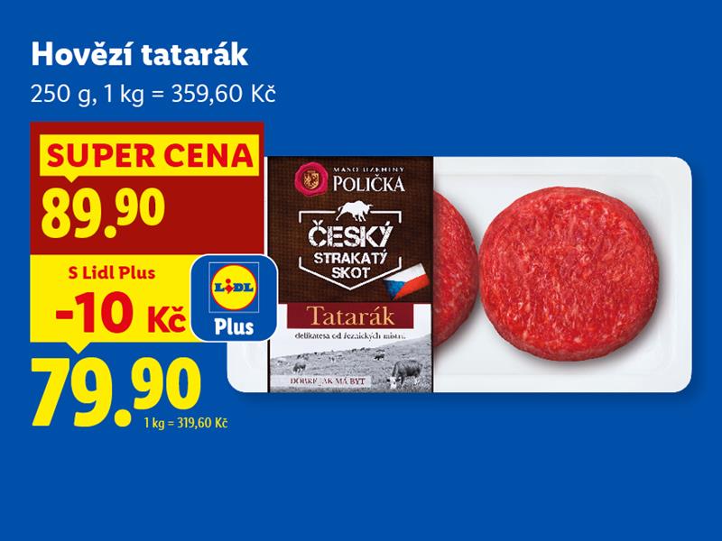 Hovězí tatarák, cena s aplikací Lidl Plus je 79,90 Kč