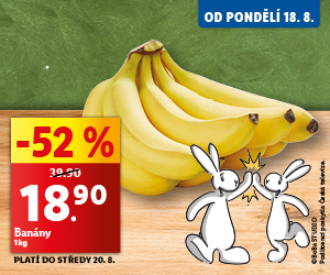 Banány, cena za 1 kg 18,90 Kč.