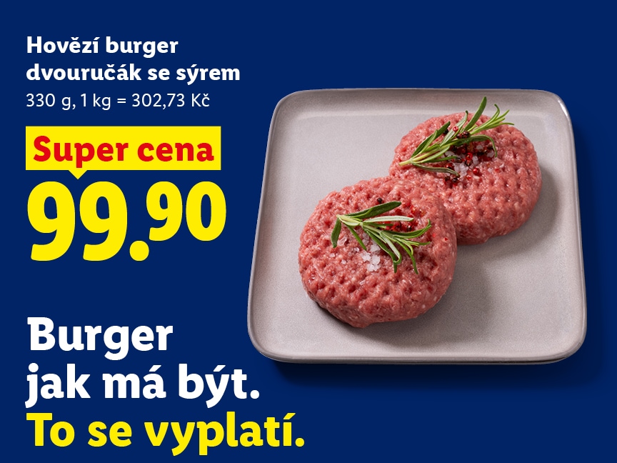 Hověží burger dvourčák se sýrem (330 g) za super cenu 99,90 Kč