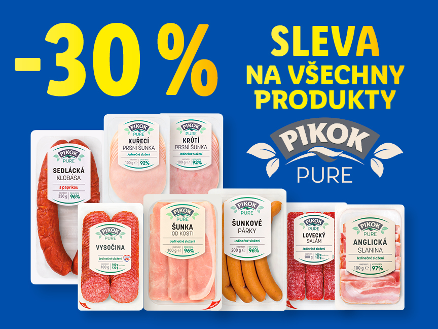 30% sleva na všechny produkty značky Pikok, v pravé části obrázku je ukázka několika produktů. Tato sleva platí pouze s aplikací Lidl Plus.