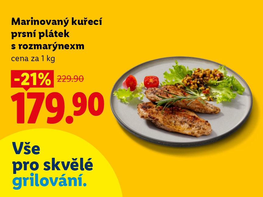 Marinovaný kuřecí prsní plátek s rozmarýnem, cena za 1 kg je 179,90 Kč.