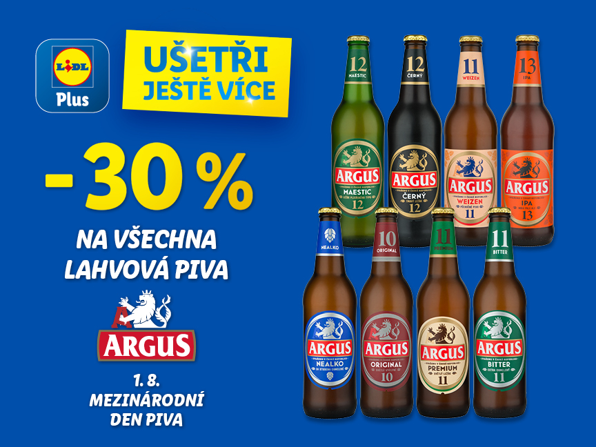Modrý banner se žlutým nadpisem "30% sleva na všechna lahvová piva Argus" - v pravé části je 8 lahvových piv této značky