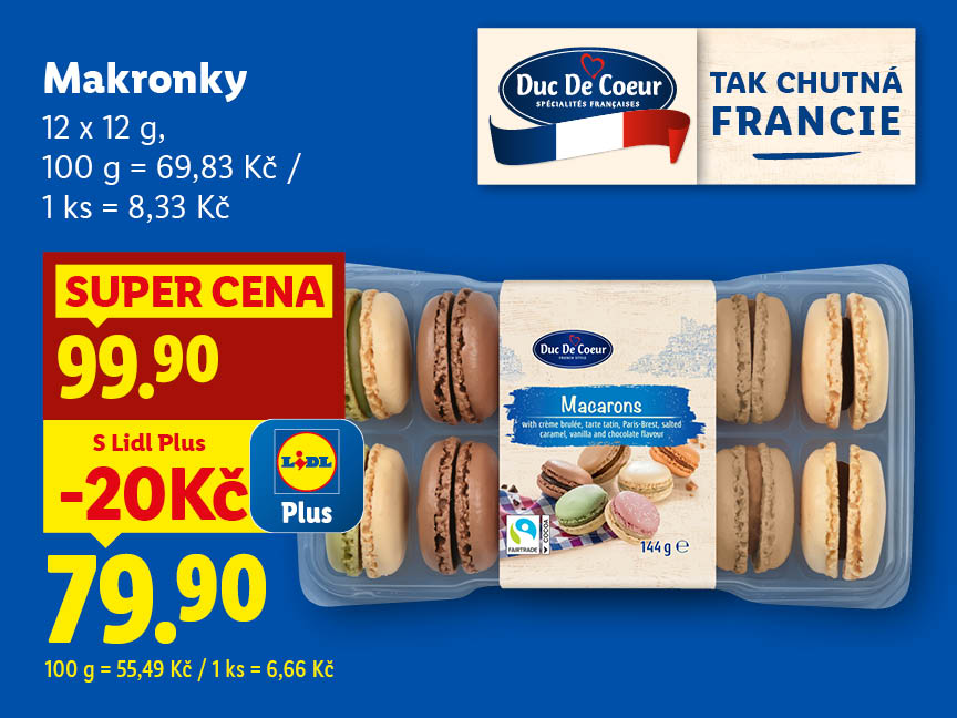 Makronky, cena s Lidl Plus je 79,90 Kč, bez 99,90 Kč