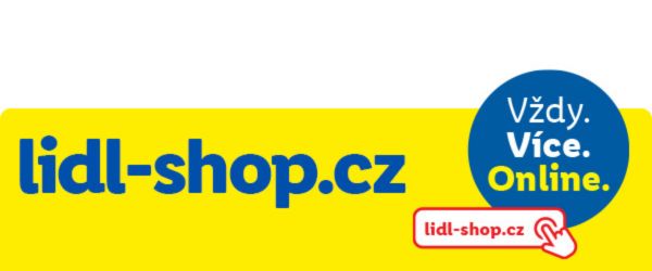 Žlutý banner s modrý nápisem lidl-shop.cz, v pravé části je modré kolečko s bílým textem "Vždy. Více. Online".