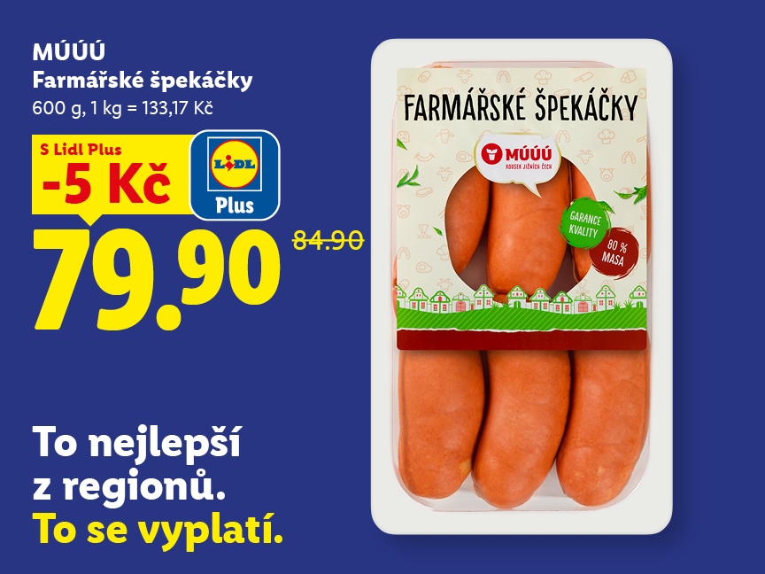 MÚÚÚ Farmářské špekáčky, 600 g, cena s Lidl Plus 79.90 Kč