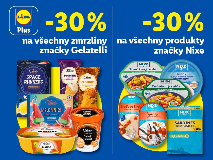 Sleva 30 % na všechny zmrzliny značky Gelatelli a sleva 20 % na všechny produkty značky Nixe a od čtvrtka v Lidlu.