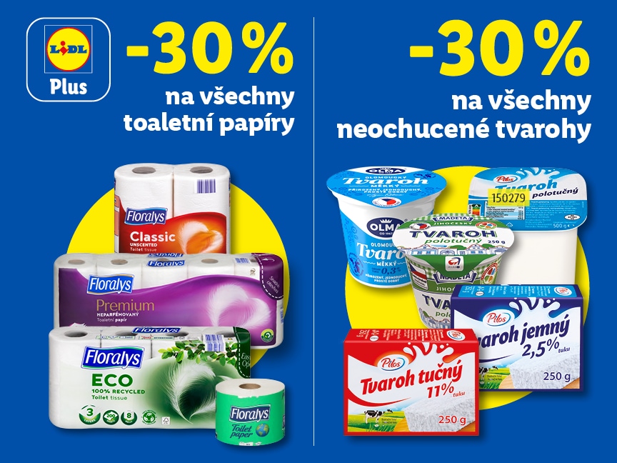 Sleva 30 % na všechny toaletní papíry a neochucené tvarohy od pondělí v Lidlu.