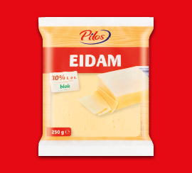 250 g blok eidamu za 34,90 Kč na červeném pozadí