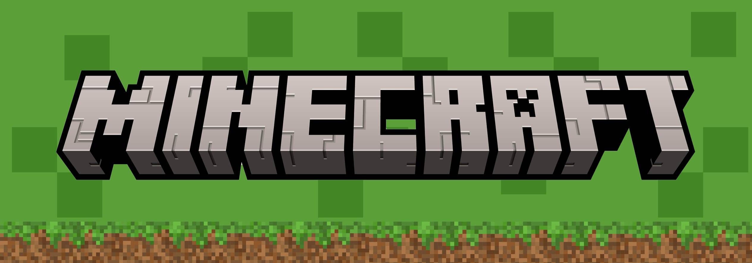 Logo hry Minecraft na zeleném pozadí.
