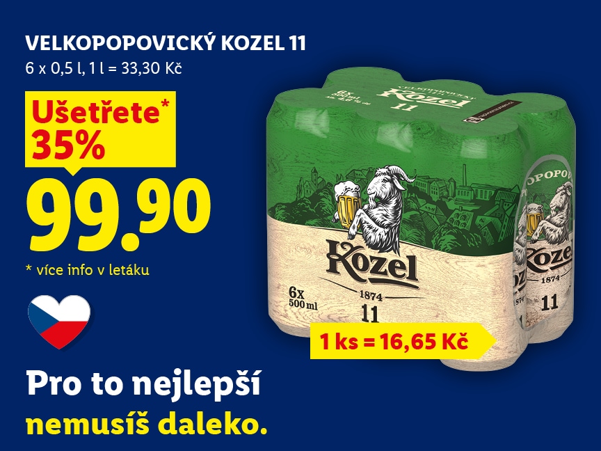 Velkopopovický Kozel 11, 6 x 0,5 l za 99,90 Kč.