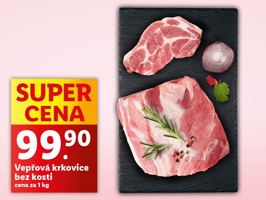 Vepřová krkovice bez kosti na světle růžovém pozadí. Cena za 1 kg je 99,90 Kč.
