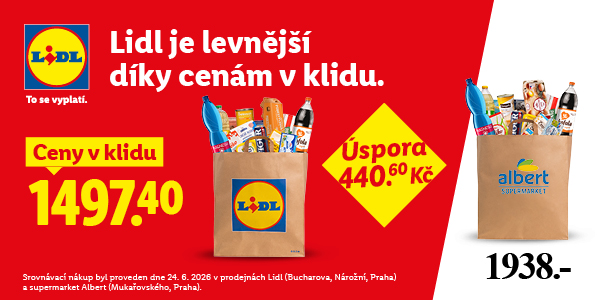 Reklamní banner řetězce Lidl srovnávající cenu nákupu s konkurenčním supermarketem Albert. Nákup v Lidlu stojí 1497,40 Kč, zatímco v Albertu 1938 Kč, což představuje úsporu 440,60 Kč.