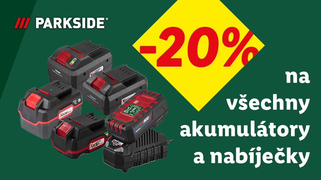 Od pátku 15.5. do neděle 17.5. bude 20% sleva přes kupon Lidl Plus na akumulátory a nabíječky Parkside. 