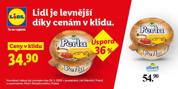 Reklamní banner Lidl srovnávající cenu margarínu Perla máslová příchuť. Lidl nabízí produkt v akci „Ceny v klidu“ za 34,90 Kč s úsporou 36 % oproti supermarketu Albert, kde stojí 54,90 Kč.