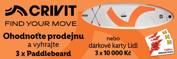 Oranžový banner s černým textem a paddleboardem upozorňující na možnost ohodnotit prodejnu a vyhrát paddleboard nebo dárkové karty Lidl.
