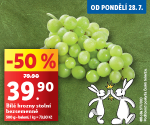 Na obrázku je velký trs hroznového vína. Víno leží před zeleným pozadím. V popředí jsou postavičky Boba a Bobka. Cena za půlkilové balení je 39,90 Kč.
